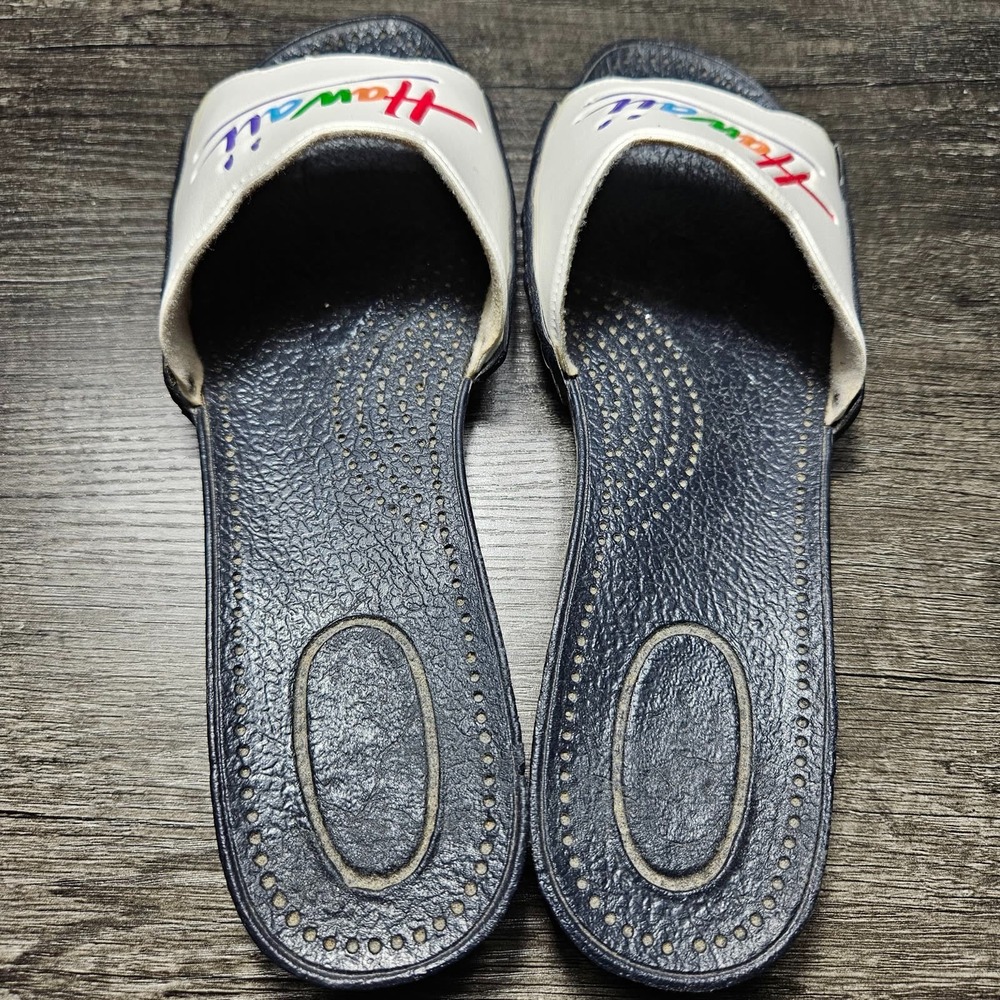 Vintage Hawaii Rainbow Script Slide Sandals Navy White Size 41 / 10